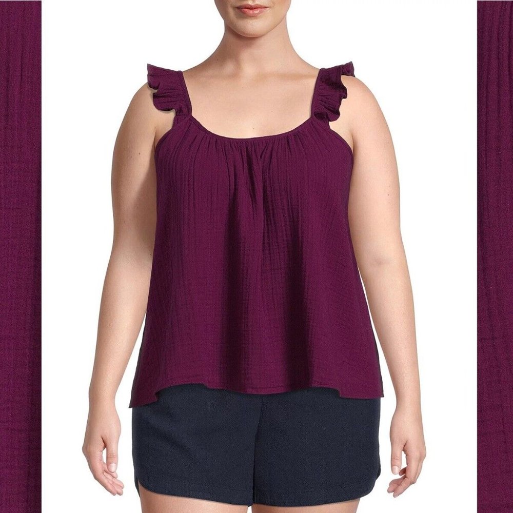 Terra & Sky Women's Plus Size Ruffle Strap Tank Top Purple Oxford Size 0X (14W)